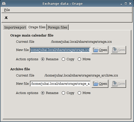 The exchange data orage files tab.